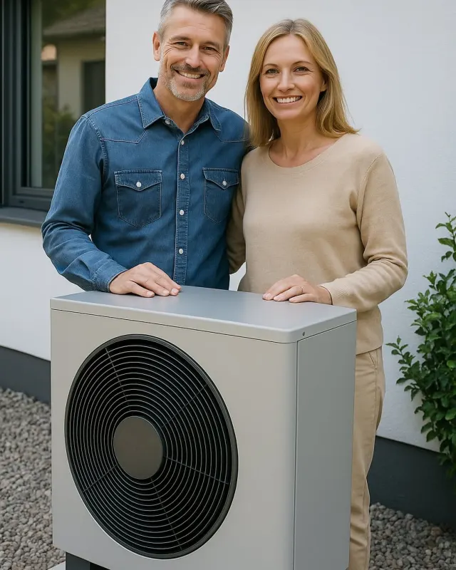 Hausbesitzer mit neuer Wärmepumpe vor ihrem Eigenheim